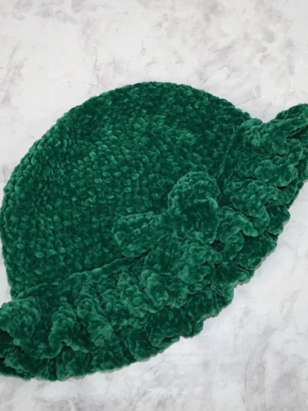 HAND CRAFTED Hat Crochet Bucket Chenille Winter Full Ruffle Green Wide Brim